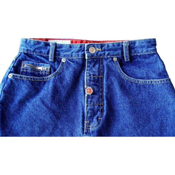 90s Blue Jean Mini Skirt by Mixed Blues Size 11 Dark Wash Denim Red Patch Zipper - Picture 2 of 8